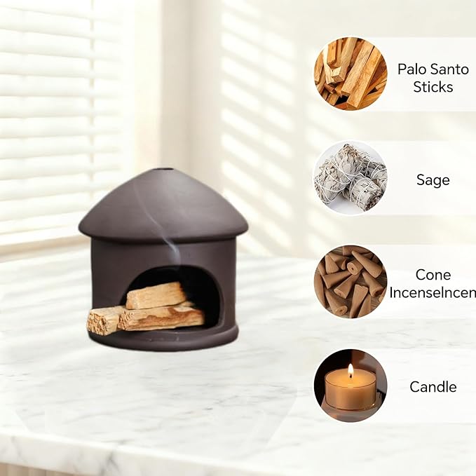 Palo Santo Holder, Sage and Palo Santo Stick Burner Holder, Chiminea Incense Holder, Handmade Ceramic Smudge Bowl, Ash Catcher with Mini Chimney, for Energy Cleansing, Yoga, Meditation Relaxation
