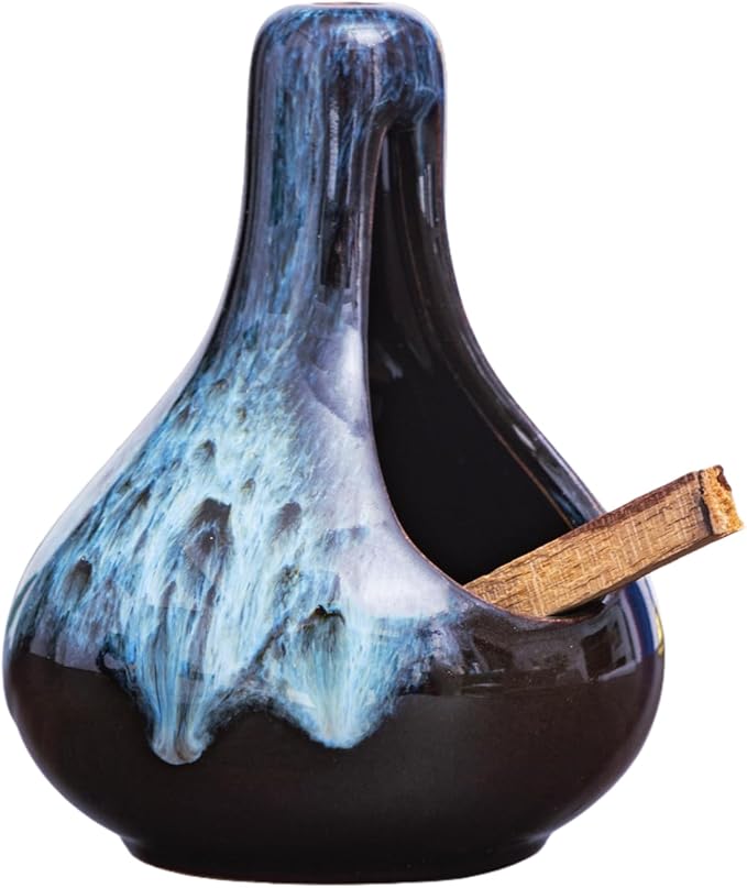 Palo Santo Holder Ceramic Incense Burner for Palo Santo Sticks and Cones Burning, Mini Chiminea Incense Burner Holder for Yoga Spa Aromatherapy Meditation, Home Office Decor (1, Blue)