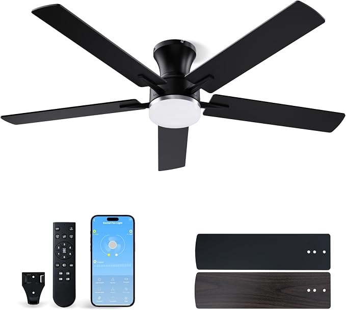 LANMEL 52 Inch Flush Mount Ceiling Fan with Light, App&Remote Control, Low Profile Modern Ceiling Fan, 6 Speed, Reversible, 3000k-6500k Dimmable LED, Quiet DC Motor for Indoor Outdoor, Silver Black