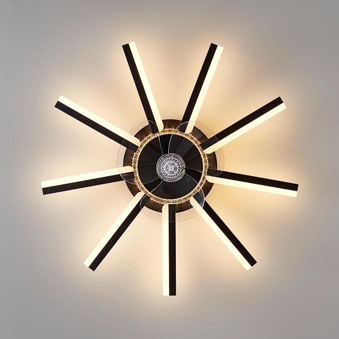 Modern LED Ceiling Fan with Light, 30" Low Profile Flush Mount Fandelier with Remote Dimmable 6 Speed Smart Ceiling Fan for Bedroom Living Room Dining Room