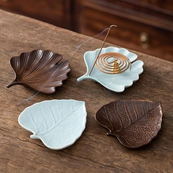 Handmade Ceramic Incense Burner Holder – Leaf Shape Incense Ash Catcher Tray for Sticks & Coil Incense, Zen Meditation Home Decor, Yoga Altar Aromatherapy Gift