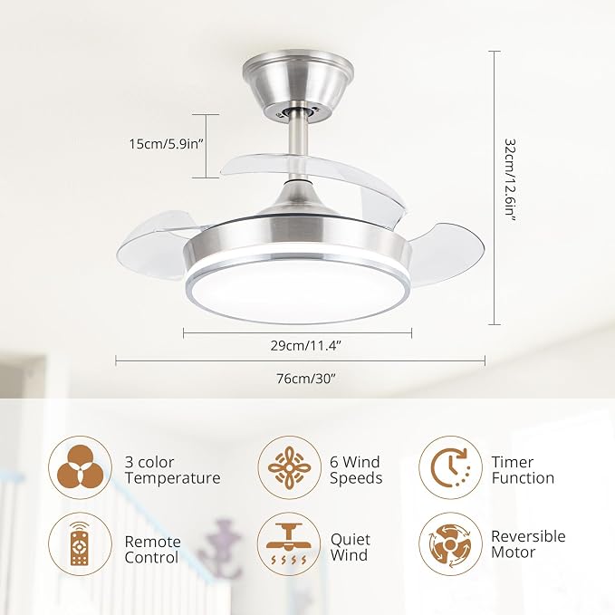 STERREN 30" Retractable Ceiling Fans with Lights, Dimmable LED Ceiling Fan Remote Control, Modern Small Fan Light for Bedroom Living Room Dinning Room Kitchen, 3000K-6500K, 6 Speed (Brushed Nickel)