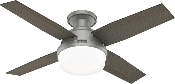 Hunter 44 inch Indoor Ceiling Fan with LED Light and Remote Control - Modern Ceiling Fan, Low Profile Mount, 4 Blades, For Bedroom, Living Room, or Kitchen, Quiet - Dempsey 51757, Matte Silver