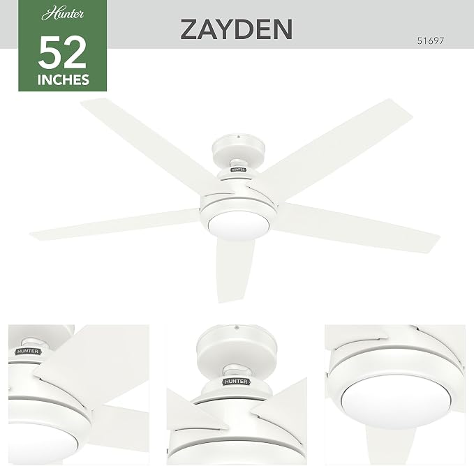 Hunter 52 inch Indoor Ceiling Fan with LED Light and Remote Control - White Ceiling Fan, Standard Mount, 5 Blades, For Bedroom, Living Room, or Kitchen, Quiet - Zayden 51697, Fresh White