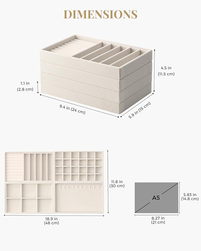 Lolalet Jewelry Drawer Organizer Inserts, Stackable Velvet Tray Jewelry Storage Organizers Set Display Cases for Necklaces Bracelets Earrings Rings Chains Bangles Watches, Beige, Set of 4