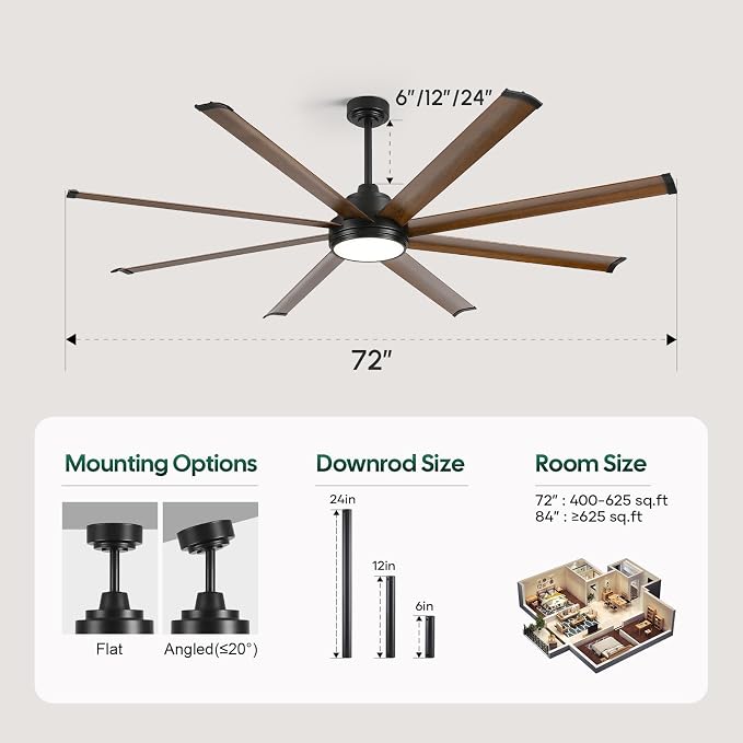 72" Outdoor Ceiling Fan with Light, Smart Alexa/App/Remote Control, 8 Walnut Finish Anti-Rust Aluminum Blades, 9799 CFM High Airflow, Quiet Reversible DC Motor, Modern Farmhouse Fan for Patios Garage