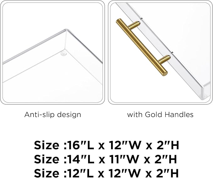 12"x16" Clear Acrylic Serving Tray with Golden Handles, Sturdy Huge Capacity Acrylic Tray for Coffee, Juice, Kitchen and Desk Organizer, Storage Tray (12"x16")