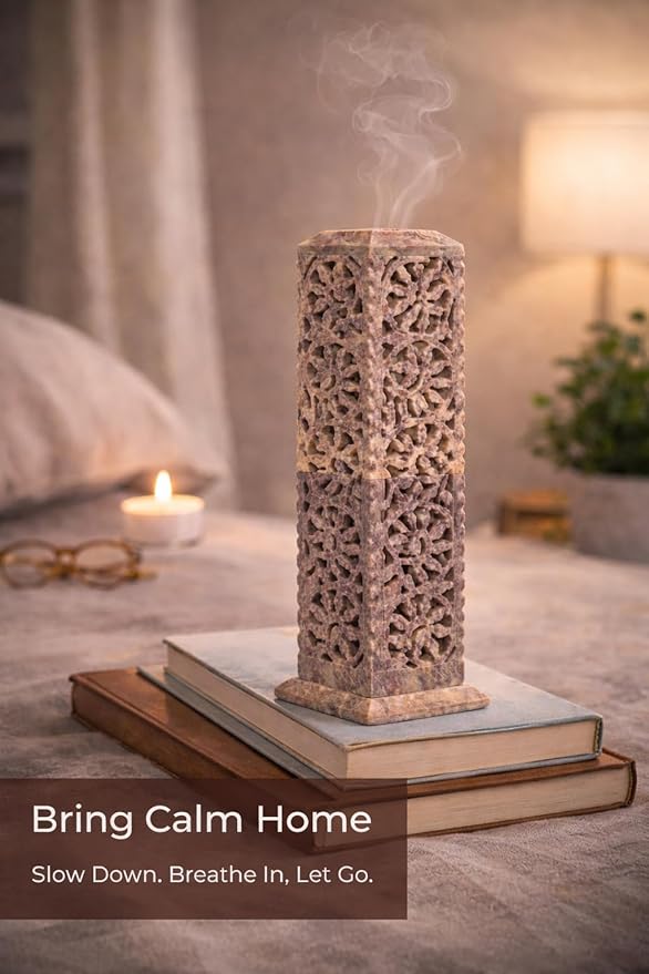 Handmade Stone Incense Stick Holder | Unique King Size Long Tower Burner | Camphore - Tealight - Dhoop Batti - Candles Holder for Yoga, Meditation and Home Decor. (Floral)