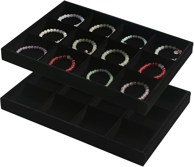 Coward 2PC Black Velvet Stackable 12 Grids Jewelry Organizer Tray Bracelet Display Stand for Selling Velvet Necklace Holder Earring Box Storage (12grid+12grid)