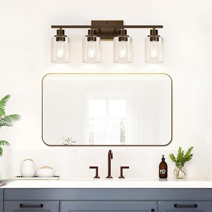 Indoi 4-Light Bathroom Light Fixtures, Oil-Rubbed Bronze Modern Vanity Lights with Clear Glass Shades, Bathroom Wall Lamp for Mirror Living Room Cabinet Bedroom Porch