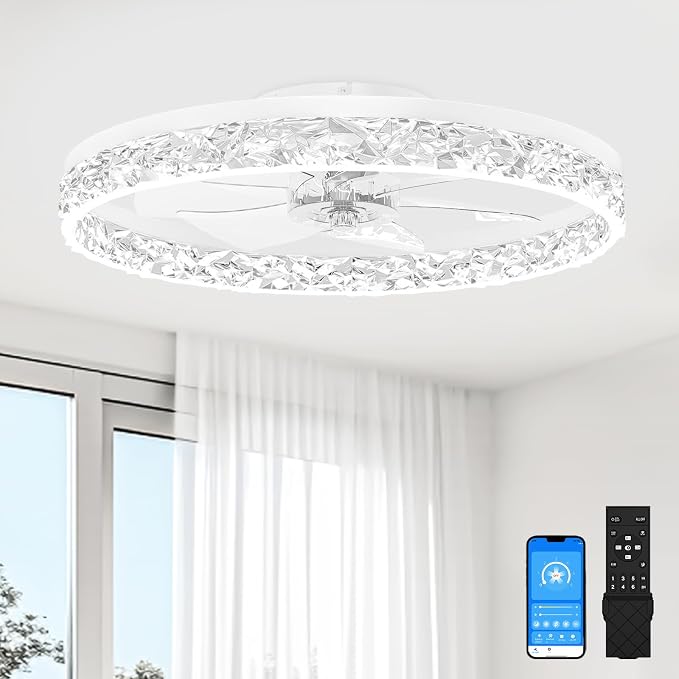 VOLISUN Fandelier Ceiling Fans with Light, 23.6in Low Profile Ceiling Fan with Light and Remote, 3000K-6500K Dimmable Bladeless Ceiling Fan Flush Mount, White Modern Ceiling Fan with Light for Bedroom