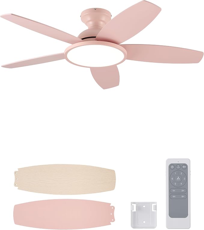 VONLUCE Ceiling Fans with Lights, 42 Inch Ceiling Fan and Remote, Full-Spectrum LED Light, 3CCT, 6-Speeds Noiseless Reversible DC Motor, Modern Ceiling Fan for Bedroom Living Room Farmhouse, Pink