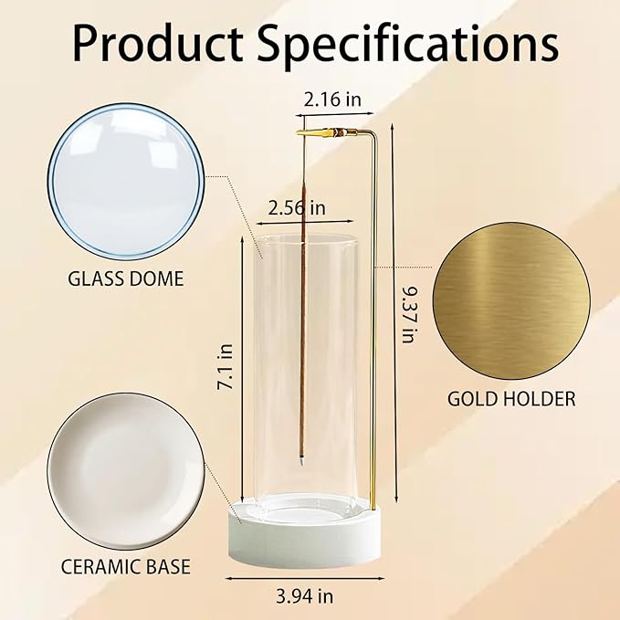 CEREMONY Incense Holder, Ceramic Incense Holder for Sticks with Glass Ash Catcher, Incense Burner for Meditation Yoga Spa Room Decor(Beige)