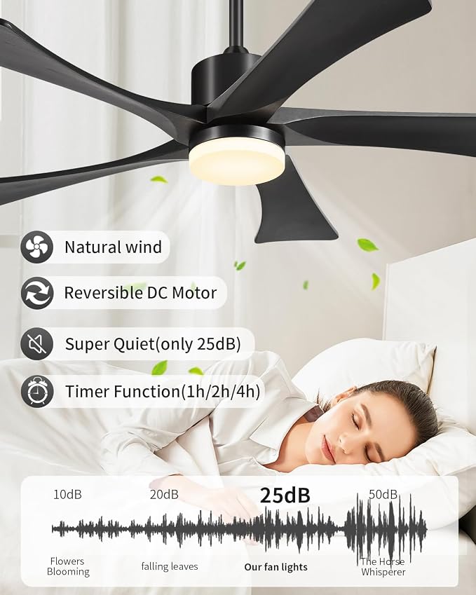 52 Inch Ceiling Fans with Light Remote, Black Ceiling Fan USA Original Patent, 3 Downrods, 5 Wood Blades,ETL Listed, 6 Speed Quiet DC Motor Outdoor Indoor Fan for Bedroom, 52" Black