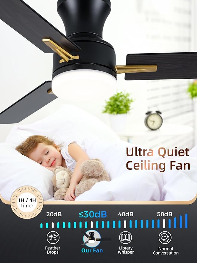 LANMEL 42 Inch Flush Mount Ceiling Fan with Light, App&Remote Control, Low Profile Modern Ceiling Fan, 6 Speed, Reversible, 3000k-6500k Dimmable LED, Quiet DC Motor for Indoor Outdoor, Gold Black