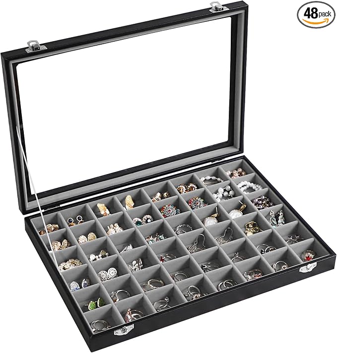 Stratalife 48 Grid Earring Organizer, Jewelry Holder Organizer with Lid | PU Leather Storage Box for Earring, Ring, Studs and Trinkets, Soft Velvet Drawer Organizer for Women, Dustproof, Gray Black
