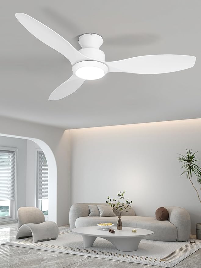 48 inch Ceiling Fan with Light and Remote, White Flush Mount Ceiling Fan with 3 Blades,3 Color Dimmable Lights, 6 Speeds, Queit DC Motor, for Bedroom/Outdoor/Patios, White