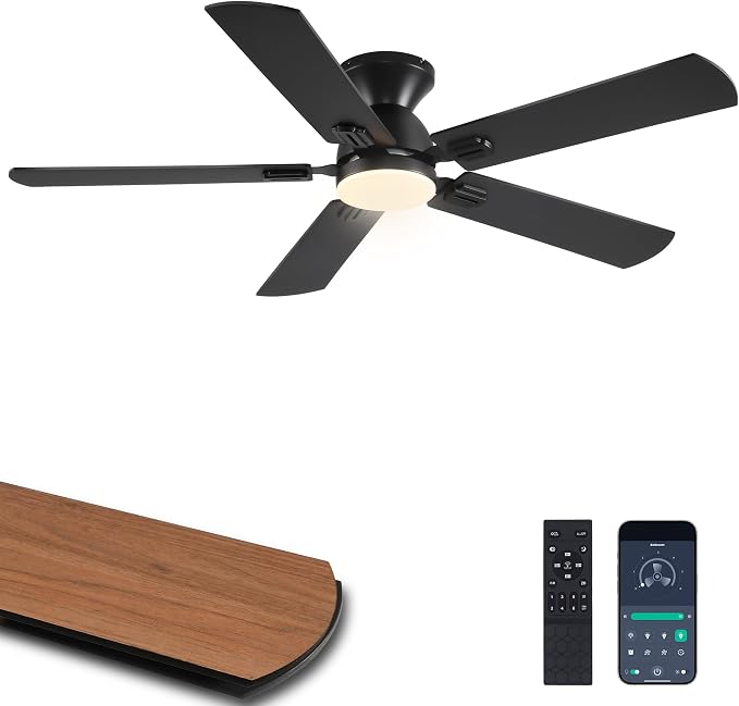 Ayaoty Ceiling Fan with Light - 52" Black Flush Mount Fandliers | 3CCT Dimmable, Reversible, Low Profile Fan Light for Indoor Modern Bedroom, Kitchen