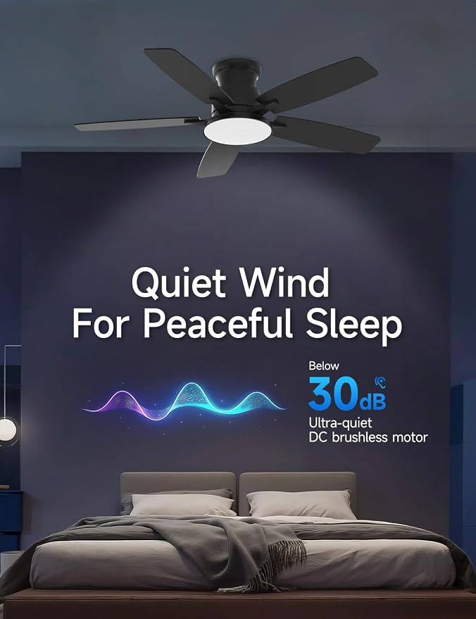 Flush Mount Ceiling Fan with Light, 42 Inch, Remote Control, 3CCT Dimmable LED, 6-Speed Silent Reversible DC Motor, Low Profile Hugger Ceiling Fan for Indoor/Outdoor 90-264V 50/60Hz Matte Black