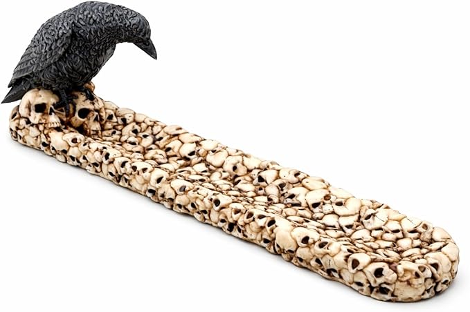 F.E.S.S. Raven Skull Incense Burner Statue – 10 Inch Gothic Resin Figurine with Raven Perched on Skull, Functional Incense Holder for Home, Office & Altar Decor