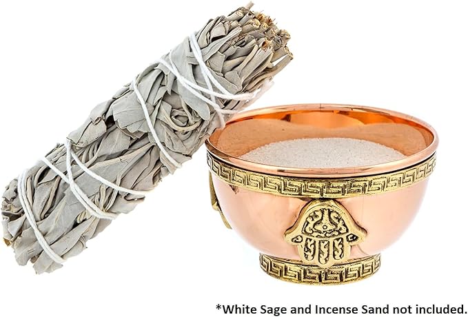 Alternative Imagination Hamsa Hand Copper Bowl - Offering Bowl For Altar or Ritual Use, Incense Holder and Smudge Kit, Home Decor