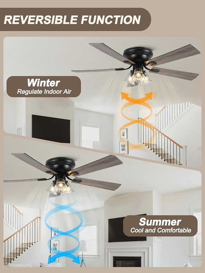 52 Inch Flush Mount Farmhouse Ceiling Fans with Lights and Remote Control | 5 Reversible Blades Vintage Low Profile Ceiling Fan with 3-Light 6 Speeds for Living Room Bedroom Kitchen Dining Room
