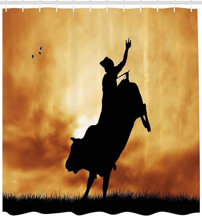 Ambesonne Western Shower Curtain, Bull Rider Silhouette at Sunset Dramatic Sky Rural Countryside Landscape Rodeo, Cloth Fabric Bathroom Decor Set with Hooks, 69" W x 70" L, Amber Black