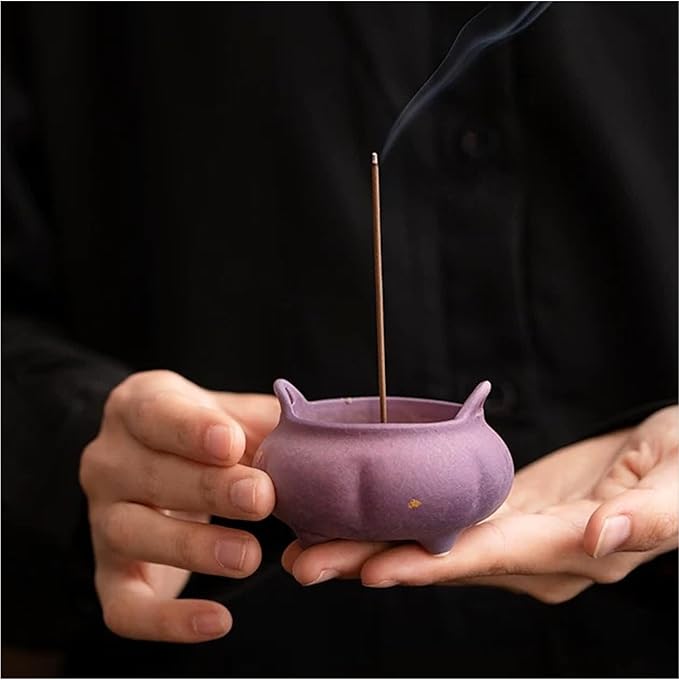 Hermit Life Incense Burner with 9 Holes Stick Holder, Lotus Bud or Tripod Ding Shape Design and Matte Ceramic Surface for Home Décor, Incense Stick Holder with Ash Catcher (Purple Tripod Ding)