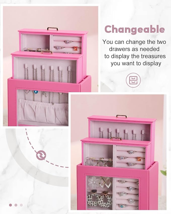 Homde Display Jewelry Box for Girls: Starter Organizer with Clear Window | Vertical Drawers for Earrings Rings Necklaces - Compact Footprint Fits Small Vanities - Birthday&Graduation Gift for Teens