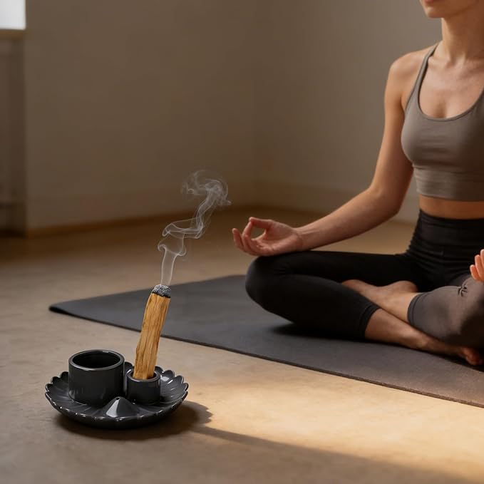 Multifunction Incense and Candle Holder for Burning Sage, Palo Santo, Ceramic Incense Stick Holder for Palo Santo Burner, Sage Holder for Yoga, Meditation, and Energy Cleansing (Gray)