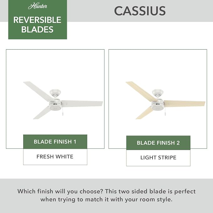 Hunter Cassius, Outdoor or Indoor, Ceiling Fan, 52 inch, Fresh White | No Light, Standard Mount, Pull Chain, 3 Blades, For Living Room, Patio, Porch, Garage, 59263