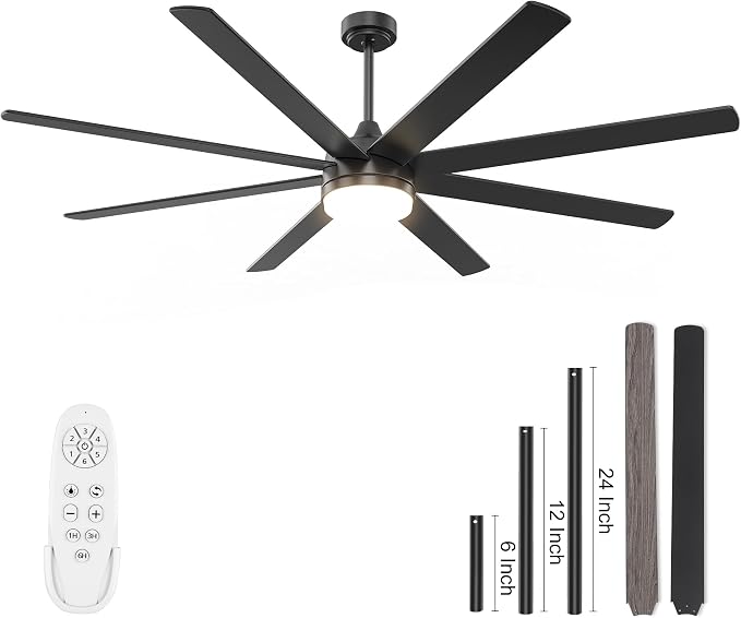 YUHAO 72 Inch Black Ceiling Fan with Light and Remote Control.Noiseless,Dimmable,3CCT,6 Speeds Reversible, DC Ceiling Fans for Indoor or Covered Outdoor Use.ETL Listed