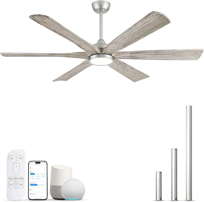 60 Inch Smart Outdoor Ceiling Fan with Light, Remote/Alexa/App Control, ETL Listed Quiet DC Motor, 8268 CFM High Airflow, 6 Modern Solid Wood Blades, for Indoor Living Room Bedroom, Covered Patio