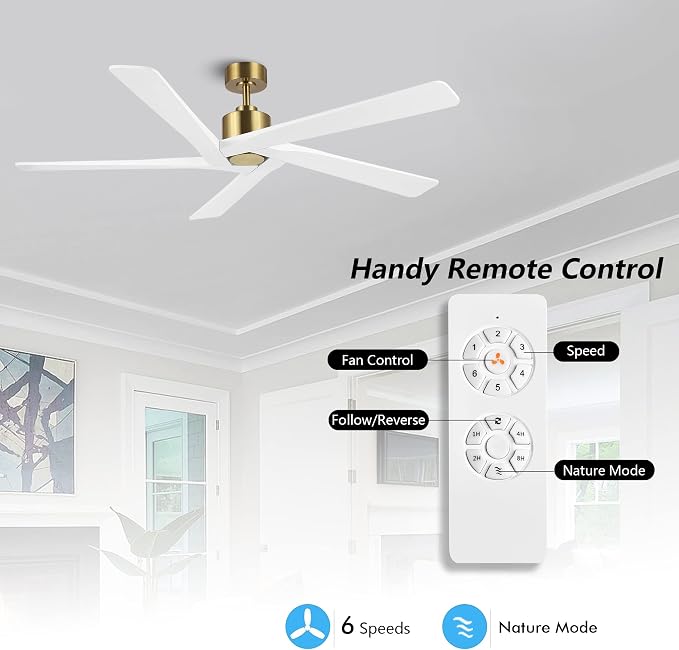 WINGBO 64 Inch DC Ceiling Fan without Lights, 5 Reversible Carved Solid Wood Blades, 6-Speed Noiseless DC Motor, Ceiling Fan No Light with Remote, Brass Finish with White Blades, ETL Listed