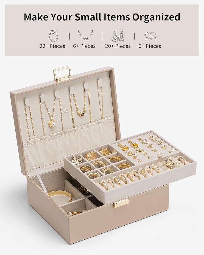 VLANDO Jewelry Box for Women, Gift for Women Girls,2 Layer Jewelry Box,Large Jewelry Organizer for Women Removable Jewelery Tray for Necklace Earrings Rings (Toffee)