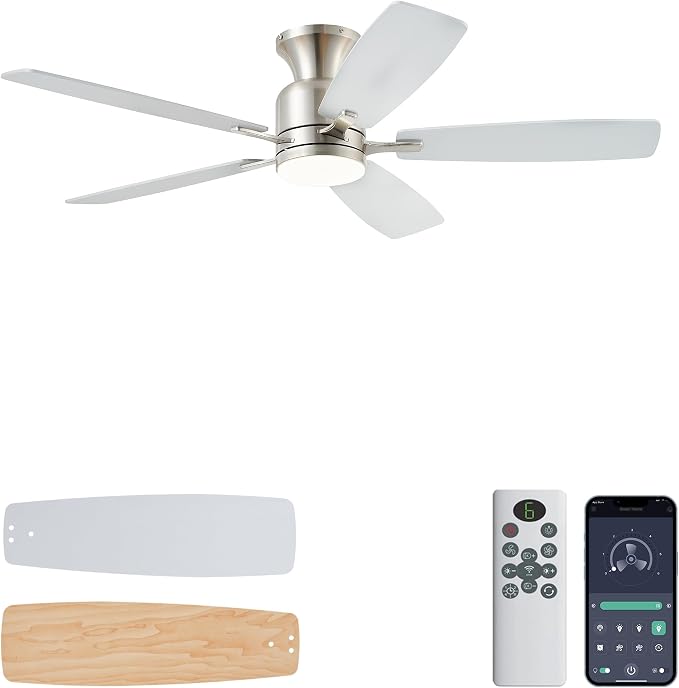 KNUN 52 Inch Ceiling Fans with Lights,Flush Mount Ceiling Fan with Remote/APP Control, 3CCT Dimmable, Double-Sided Blades, Reversible Motor, Low Profile Ceiling Fans for Living Room Bedroom(Nickel)
