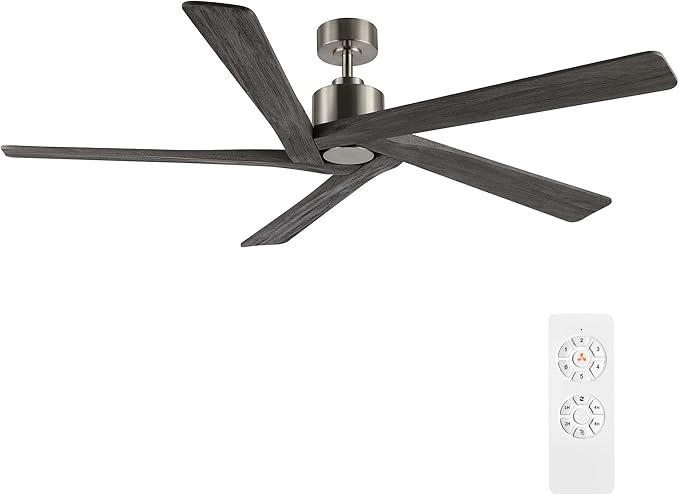 WINGBO 54 Inch DC Ceiling Fan without Lights, 5 Reversible Carved Solid Wood Blades, 6-Speed Noiseless DC Motor, Ceiling Fan No Light with Remote, Brushed Nickel Finish with Gray Blades, ETL Listed