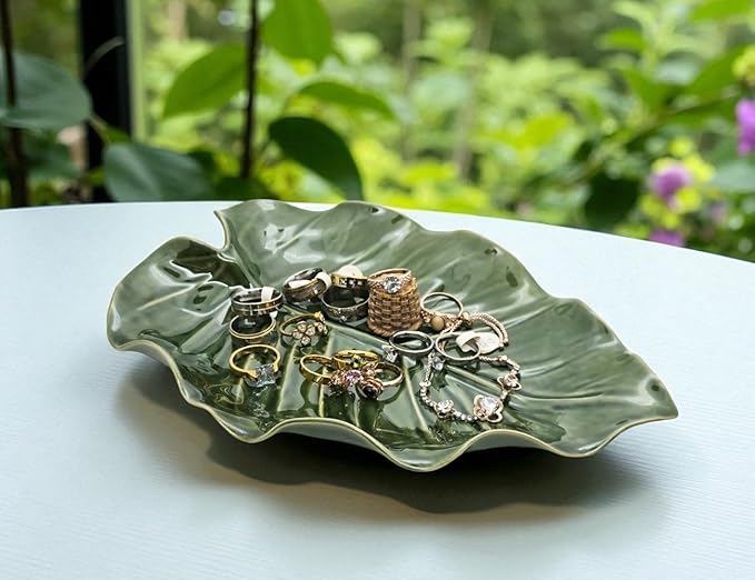 9½" Green Philodendron Leaf Shaped Tray - Handmade Ceramic Porcelain Decorative Plate Dish Catchall Miniature Container for Jewelry Personal Items Incense Holders Trays Décor Gifts