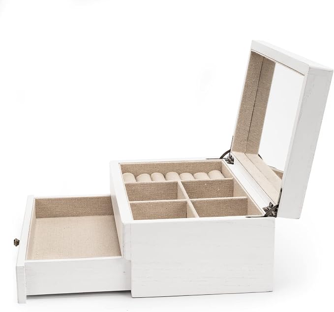 Meangood Jewelry Box Organizer for Women, 2 Layer Large Jewelry Storage Case, Rustic Wooden Jewelry Box with Mirror & Ring Tray for Necklace Earring Bracelets Rings, Vintage Style (White)