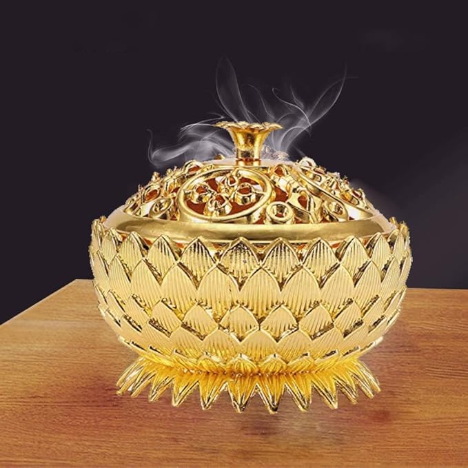 Pssopp Metal Incense, Vintage Lotus Zinc Alloy Incense Holder Sandalwood for Home Decoration Meditation(Gold)