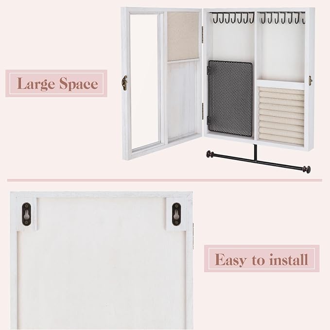 Keebofly Wall Mounted Rustic Wood Jewelry Organizer Cabinet - White | Large Hanging Holder Display for Necklaces, Earrings & Bracelets, Space Saving Ring Storage, Great Gift for Women