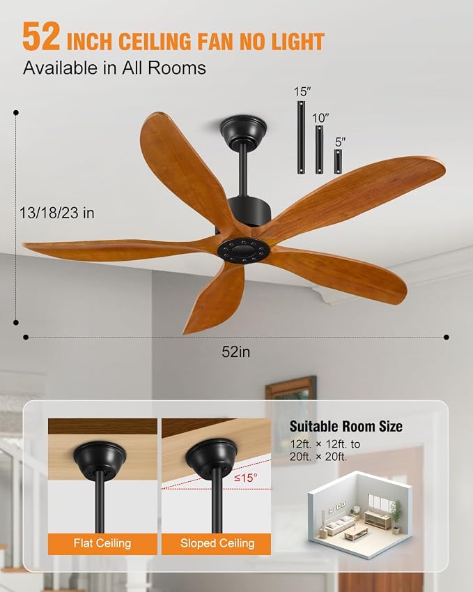 52" Ceiling Fan Without Lights 5Blades Ceiling Fans with Remote LightWalnut | Ceiling Fan Without Lights for Patios Indoor, ETL Listed, Timer, 6 Speeds, 3 Color, Reversible Quiet DC Motor, Under 25dB