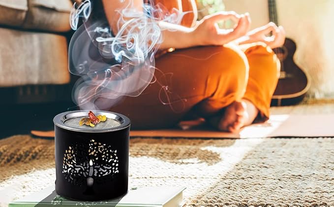 Handmade Black Iron Incense Burner/Incense Censer with Stainless Steel Sieve – 2.36-Inch Height Featuring Tree of Life Motif – Ideal for Aromatherapy and Tea Light Burning. Tealight Included
