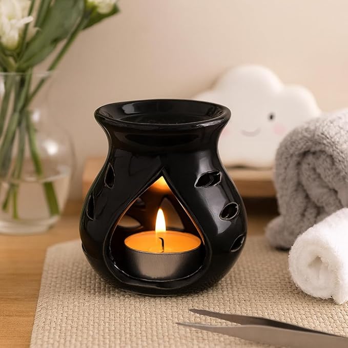 Pure Source India Ceramic Essential Oil Burner Wax Melt Burners |Aromatherapy| Ceramic Oil Diffuser| Candle Tealight Holder (Set of 1) Home Bedroom Decor Christmas Housewarming Gift, Black