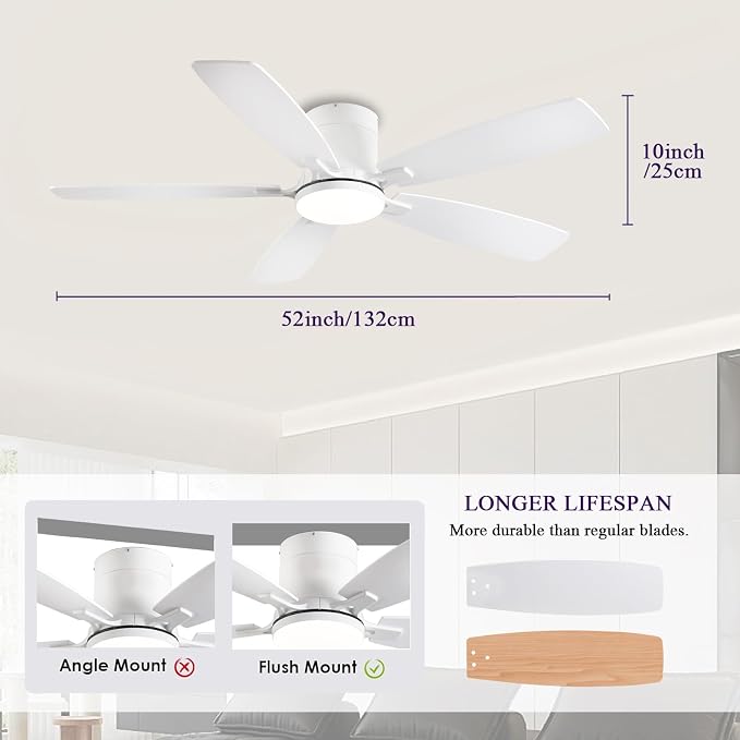 FUMLTP 52inch Flush Mount Ceiling Fans with Lights and Remote/APP Control, Dimmable LED, Reversible DC Motor, Noiseless, Low Profile White Ceiling Fan for Livingroom, Indoor/Outdoor Use
