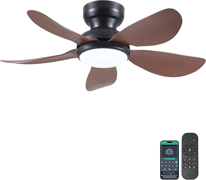 Kviflon 36 Inch Modern Ceiling Fans with Lights, Small Flush Mount Ceiling Fan with Light and Remote/APP Control, 5 Reversible 6 Speeds Curved Blades, 3 CCT Dimmable Lights for Kids Room, Brown