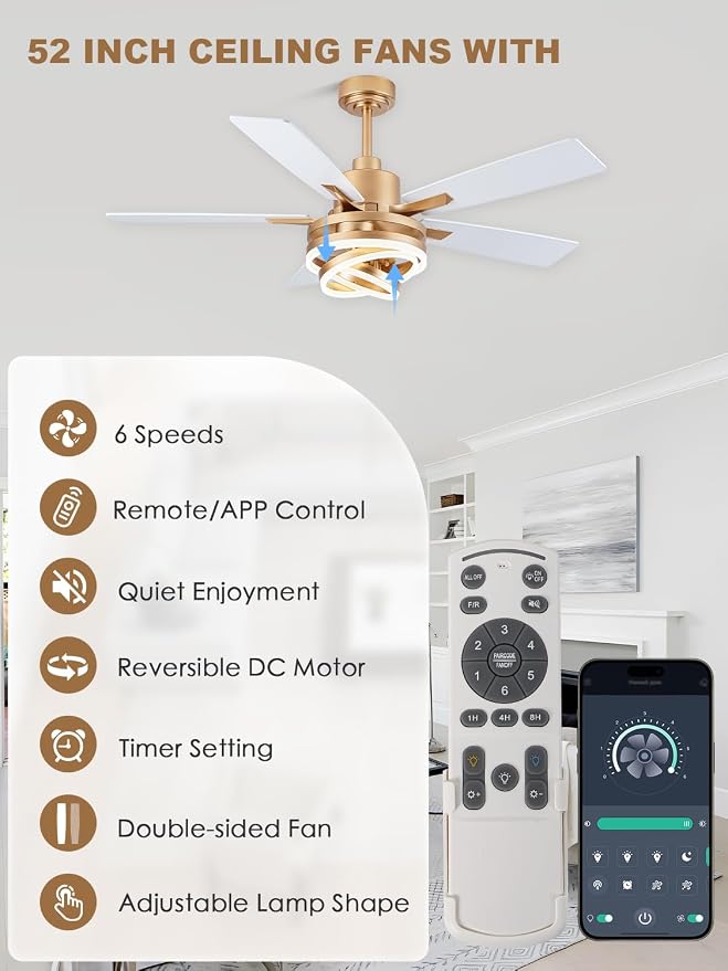 Bella Depot 52 Inch Gold White Ceiling Fan Modern Chandelier Ceiling Fan with Dimmable Light, 6-Speed, Reversible, Timing Option - Ideal for Bedroom Living Room