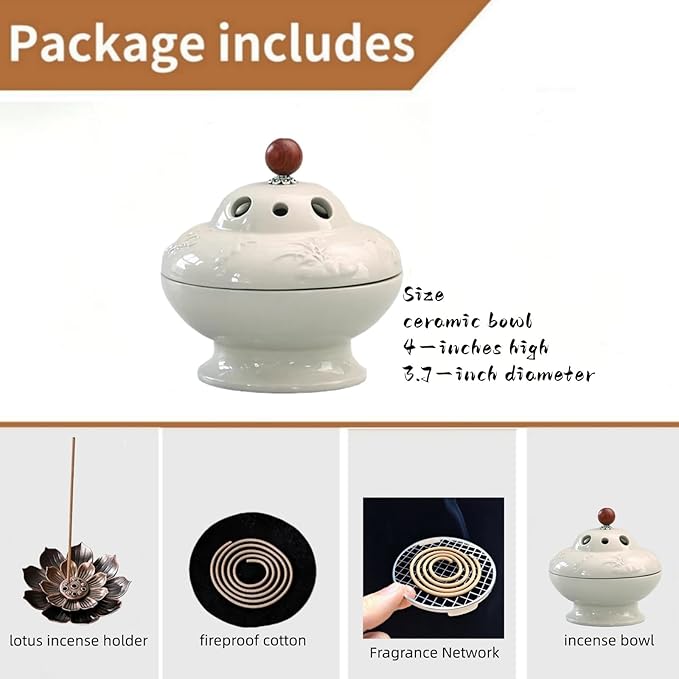 Ceramic Incense Burner - Creamy White insence Holder for Frankincense, Bakhoor, Charcoal, Stick, Powder, Cone, Coil, and Tower Incense