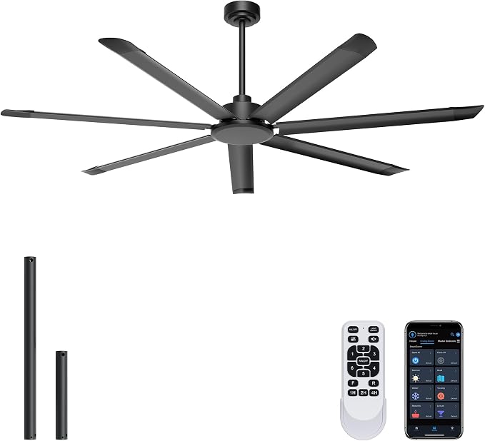 Ohniyou 72'' Industrial Ceiling Fan No Light for Patio, Garage, Black | 8000 CFM Airflow, 35dB DC Motor, 7 Aluminum Blades, Remote/APP Control, Covered Outdoor Metal Fan