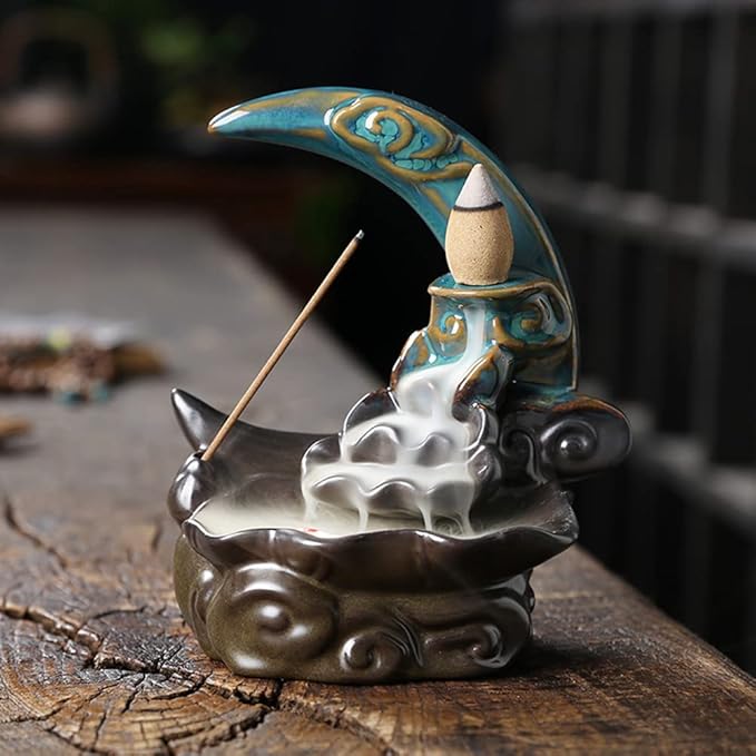 Ceramic Incense Holder Backflow Handcraft Moon Incense Burner with 30 Incense Cones 1 Tweezer 1 Mat 30 Incense Sticks for Home Decoration Ornament Aromatherapy and Meditation